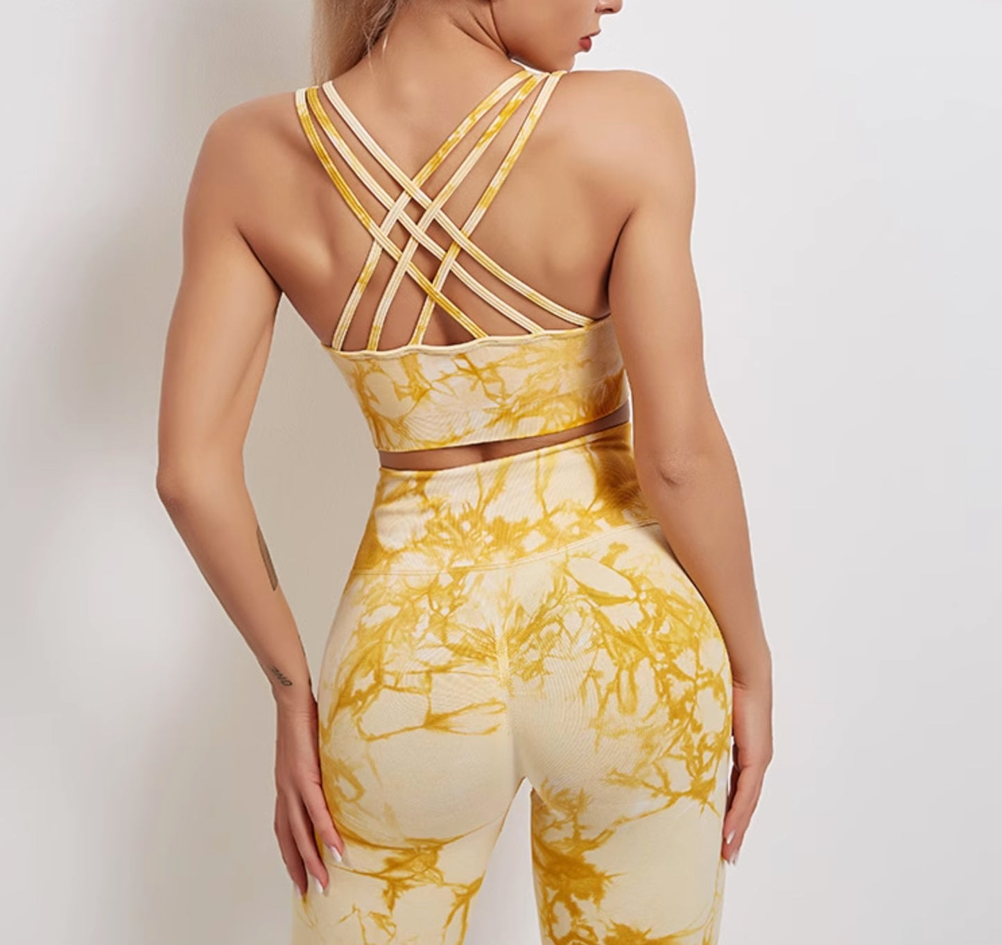 High waist pleated back pants and X-shape bra set, Yellow Tie dye