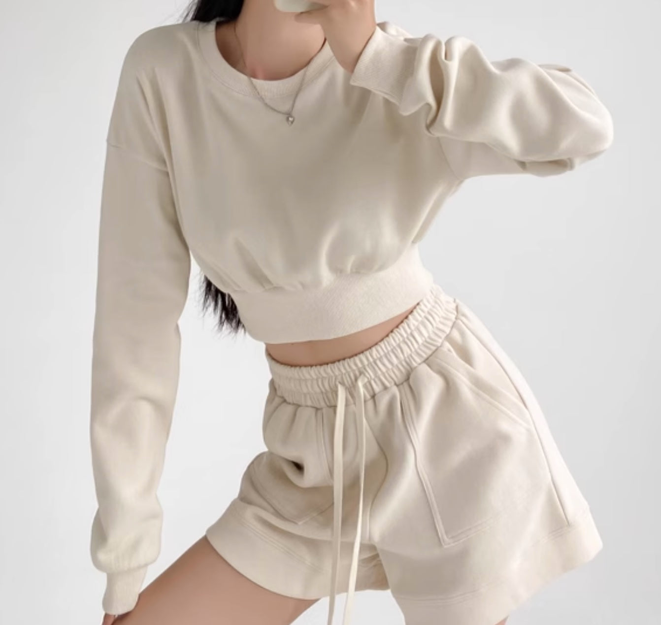 Textured Crop Sweatshirt, Ivory colour