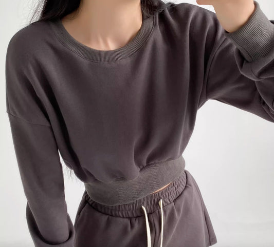 Textured Crop Sweatshirt, Dark Khaki