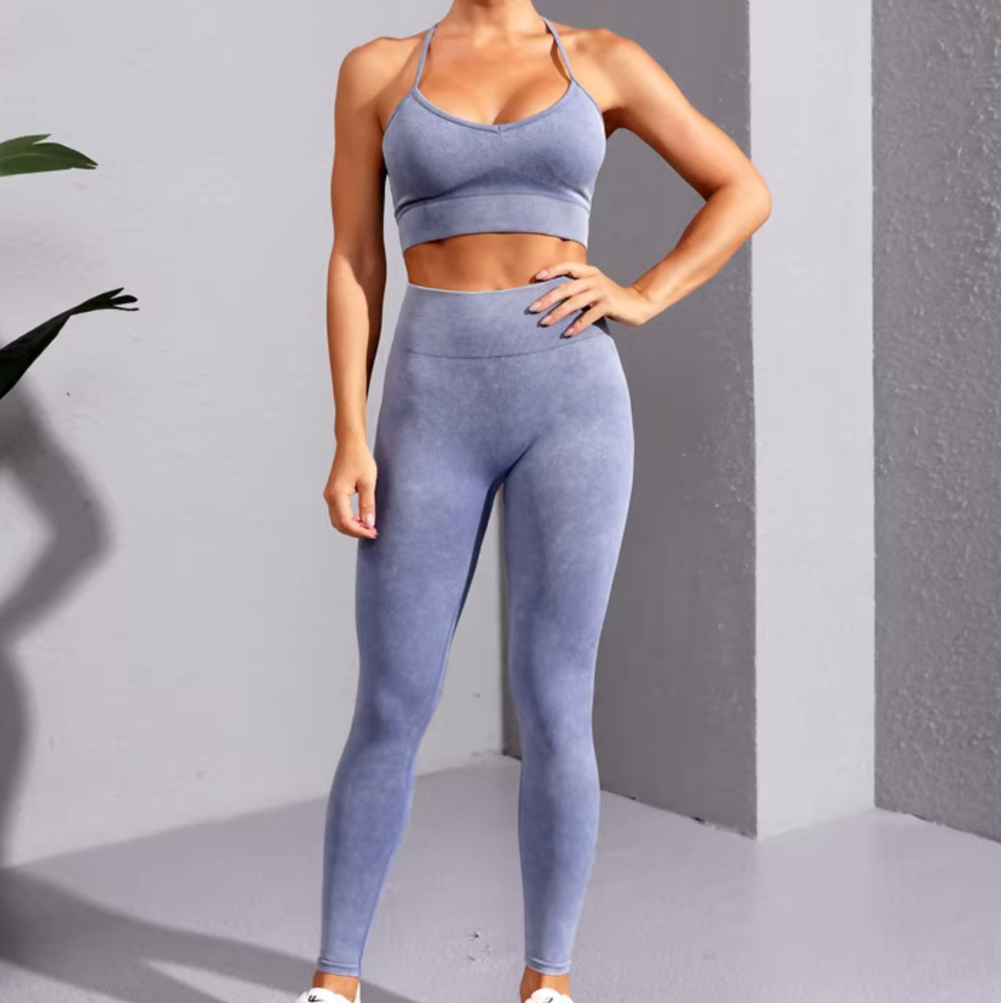 High waist pants and T-shape thin straps bra set, Powder Blue