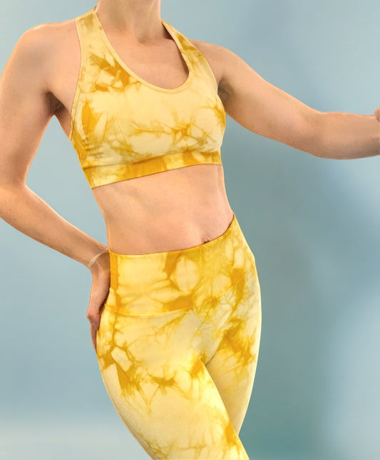 High waist pleated back pants and X-shape bra set, Yellow Tie dye